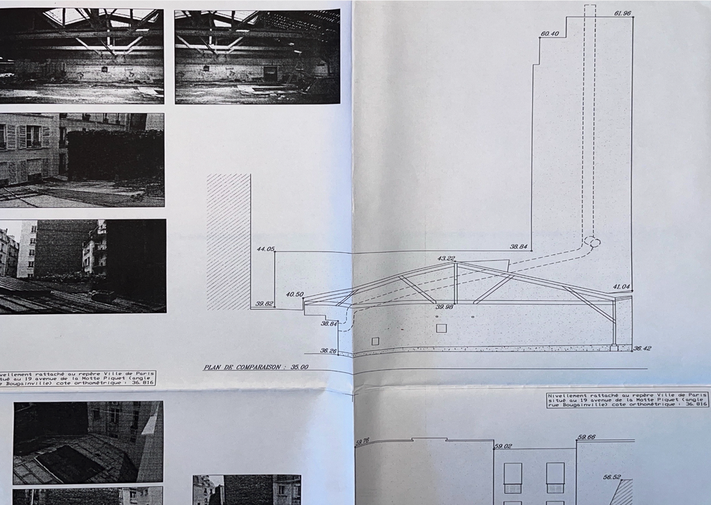 Document technique associant photographies anciennes et coupe architecturale d’un bâtiment parisien